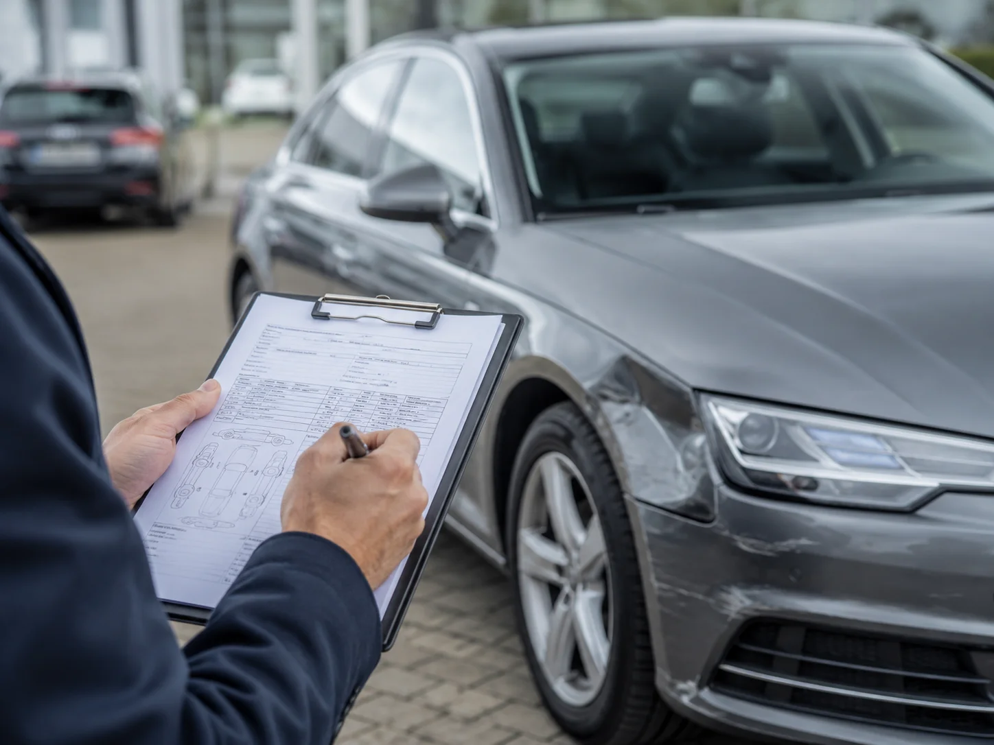 Kfz-Sachverständiger notiert Befunde auf einem Prüfbogen